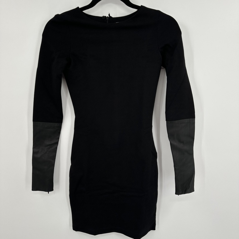AD Collection Dress Womens 0 Black Long Sleeve Stretch Leather Cuff Bodycon USA
